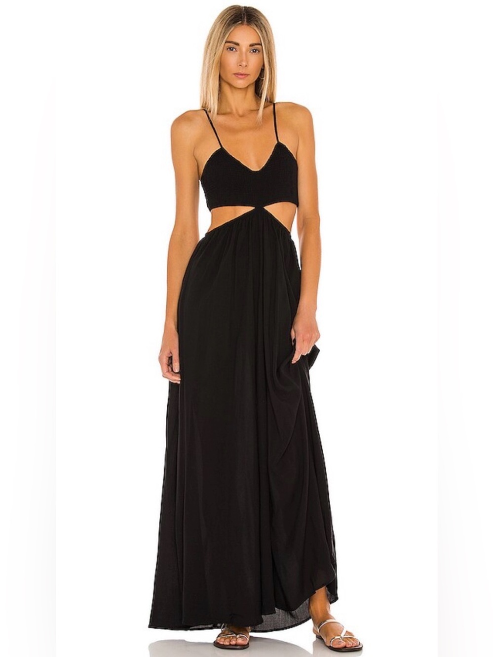INDAH Black Innocence Solid Smocked Cutaway Maxi Dress Womens S